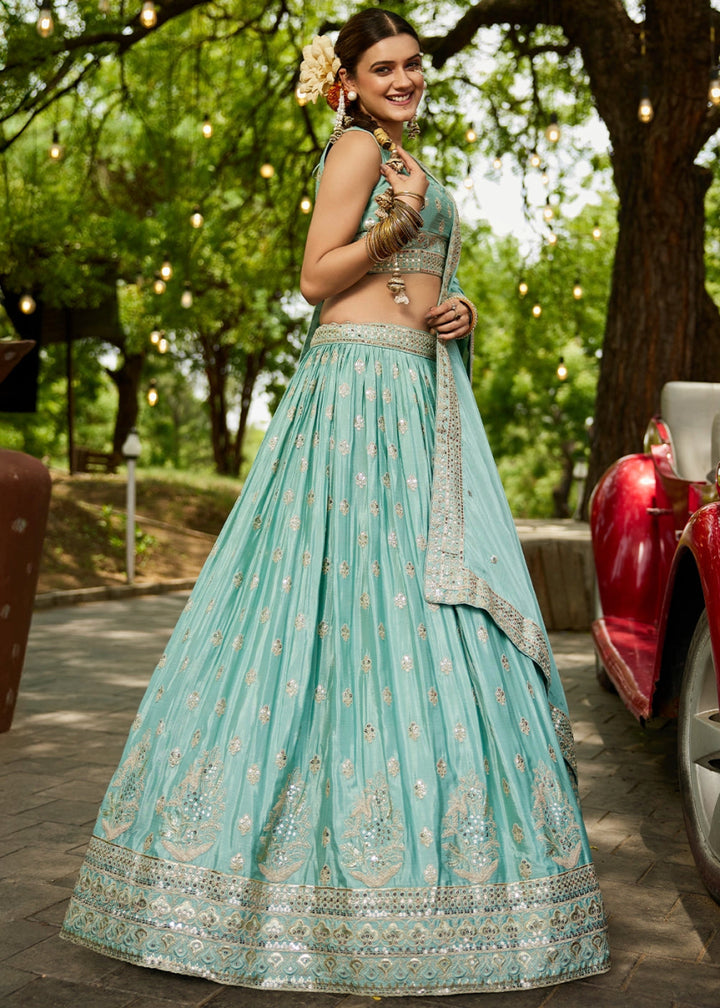 Turquoise Green Lehenga Choli with Floral Sequin Detailing on Chiffon Silk - House of Sarvati LLC