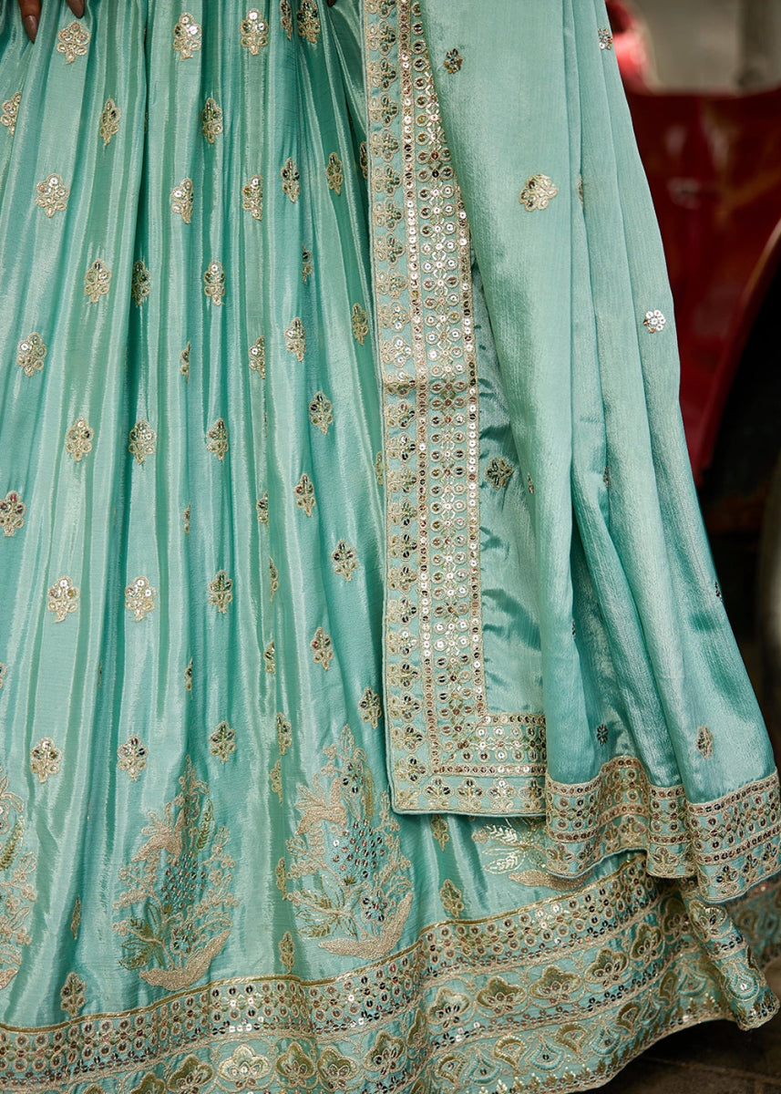 Turquoise Green Lehenga Choli with Floral Sequin Detailing on Chiffon Silk - House of Sarvati LLC