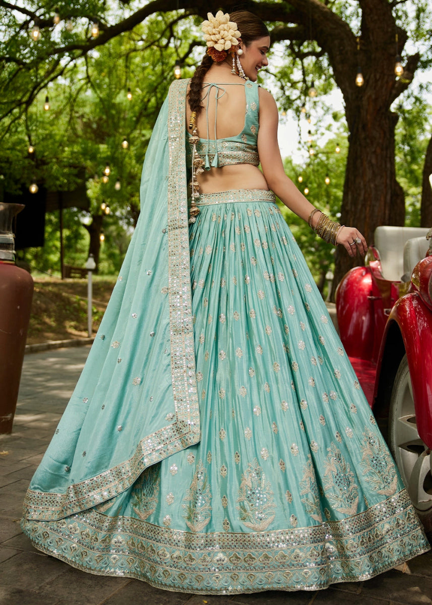 Turquoise Green Lehenga Choli with Floral Sequin Detailing on Chiffon Silk - House of Sarvati LLC