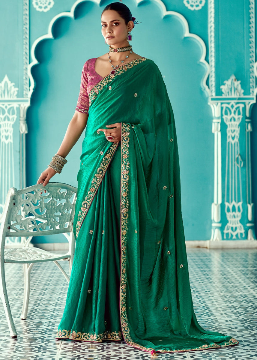 Turtle Green Tissue Silk Saree with Exquisite Embroidery - House of Sarvati LLC