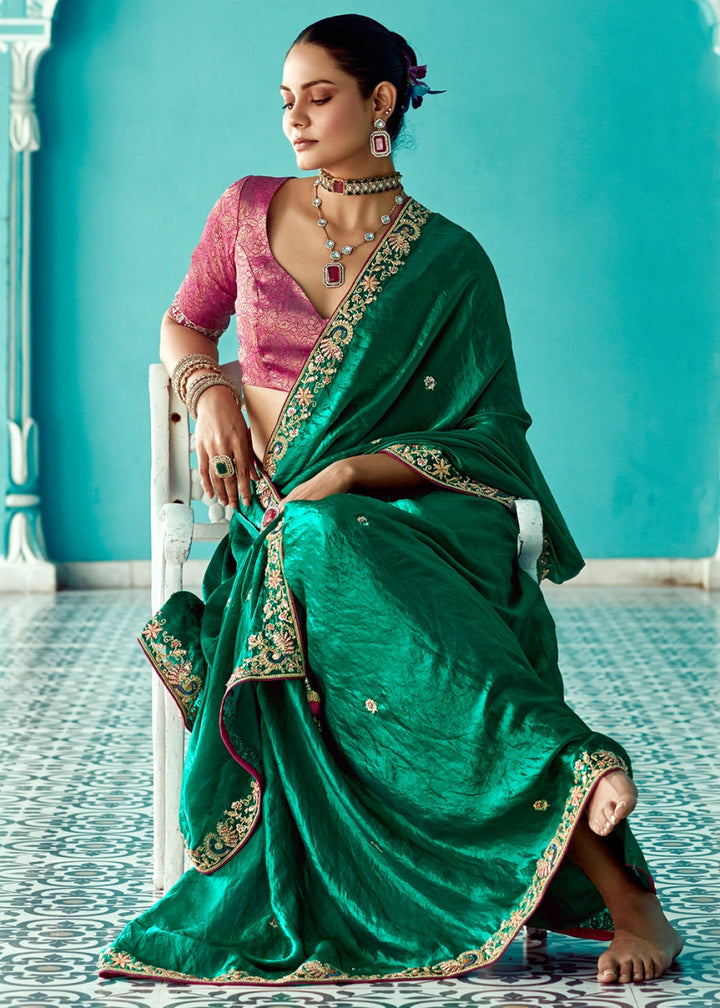 Turtle Green Tissue Silk Saree with Exquisite Embroidery - House of Sarvati LLC