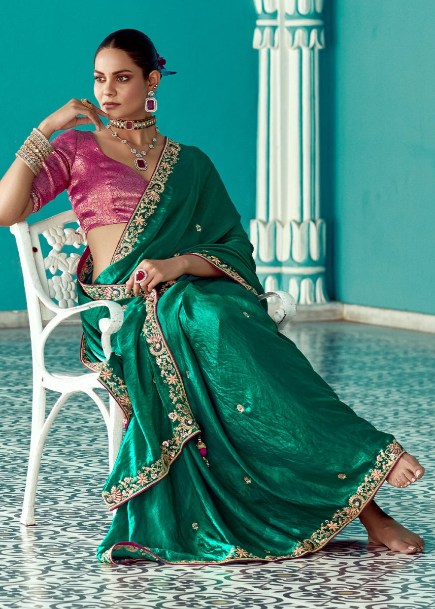 Turtle Green Tissue Silk Saree with Exquisite Embroidery - House of Sarvati LLC