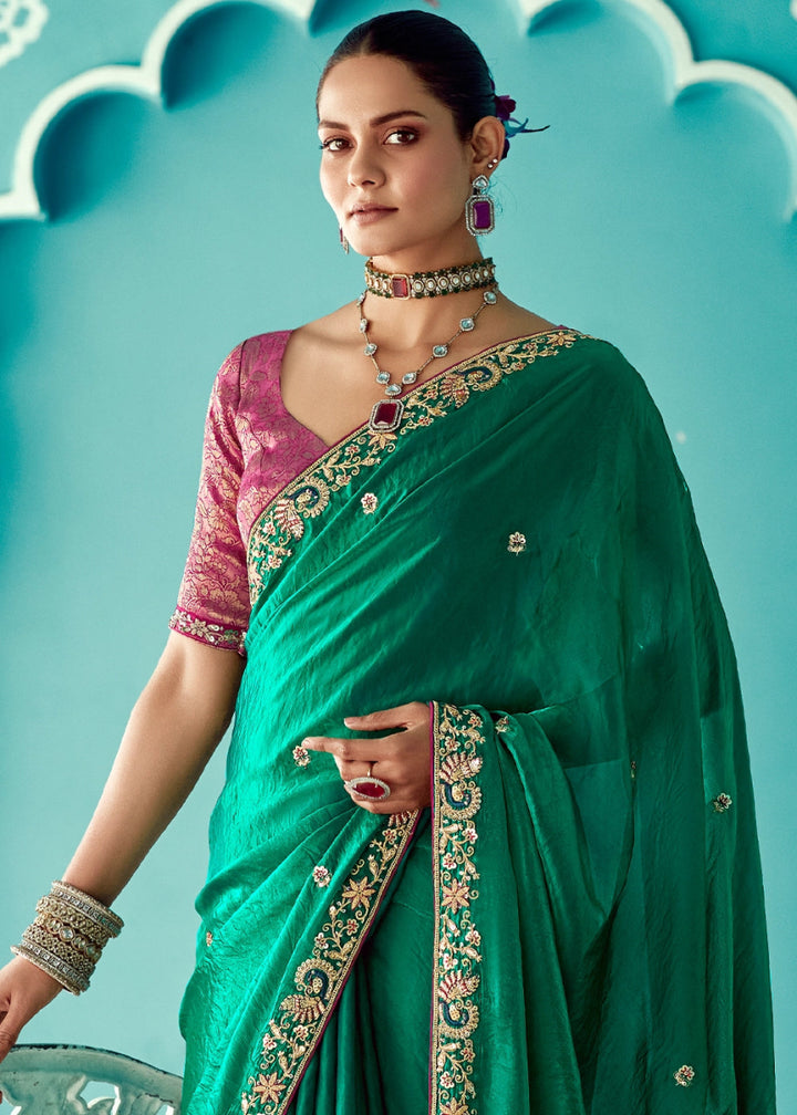 Turtle Green Tissue Silk Saree with Exquisite Embroidery - House of Sarvati LLC