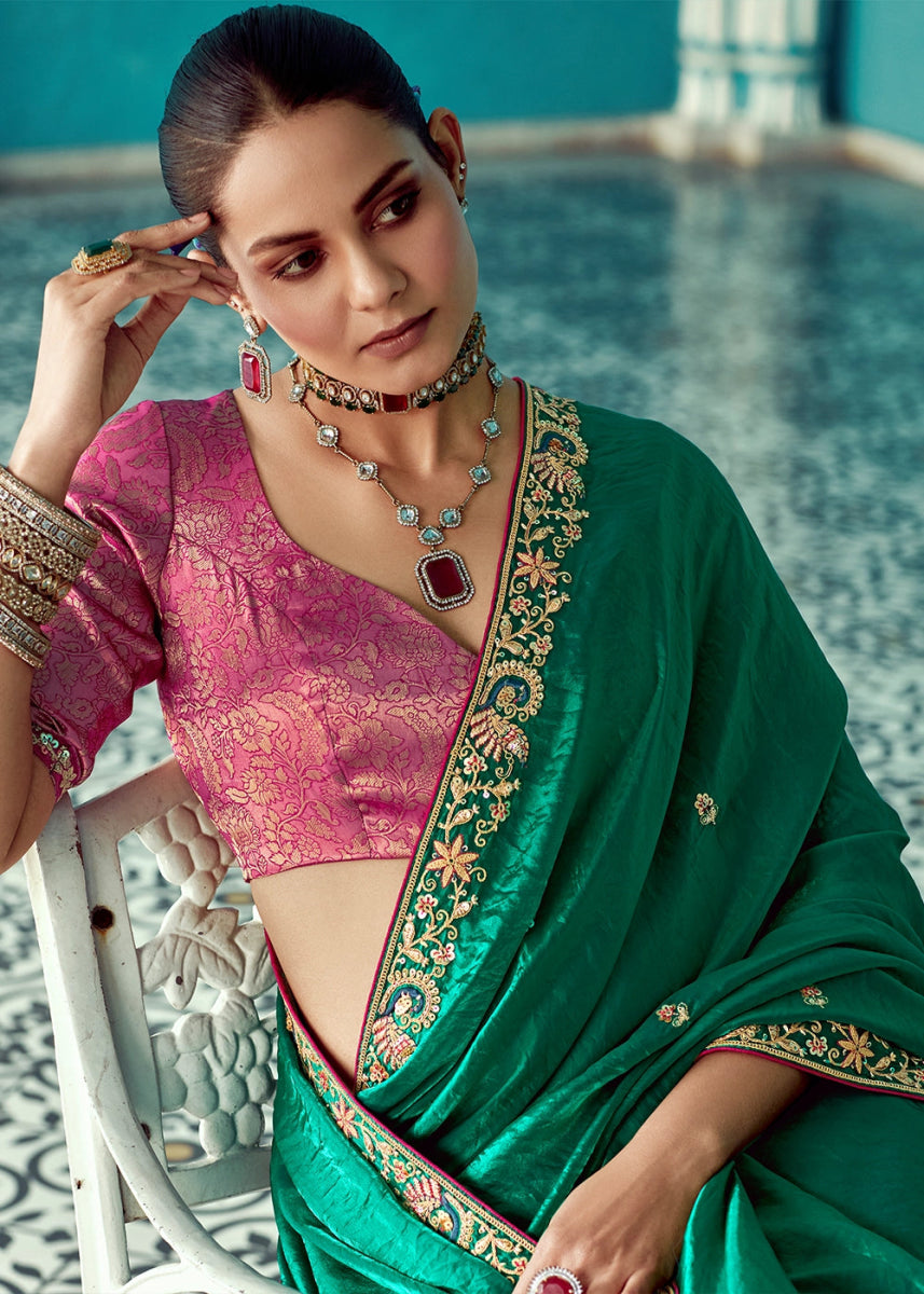 Turtle Green Tissue Silk Saree with Exquisite Embroidery - House of Sarvati LLC