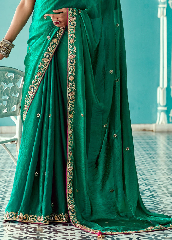 Turtle Green Tissue Silk Saree with Exquisite Embroidery - House of Sarvati LLC