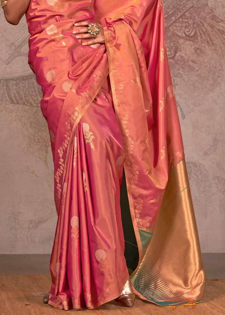 Two Tone Brink Pink Banarasi Silk Saree with Intricate Zari Weaving - House of Sarvati LLC