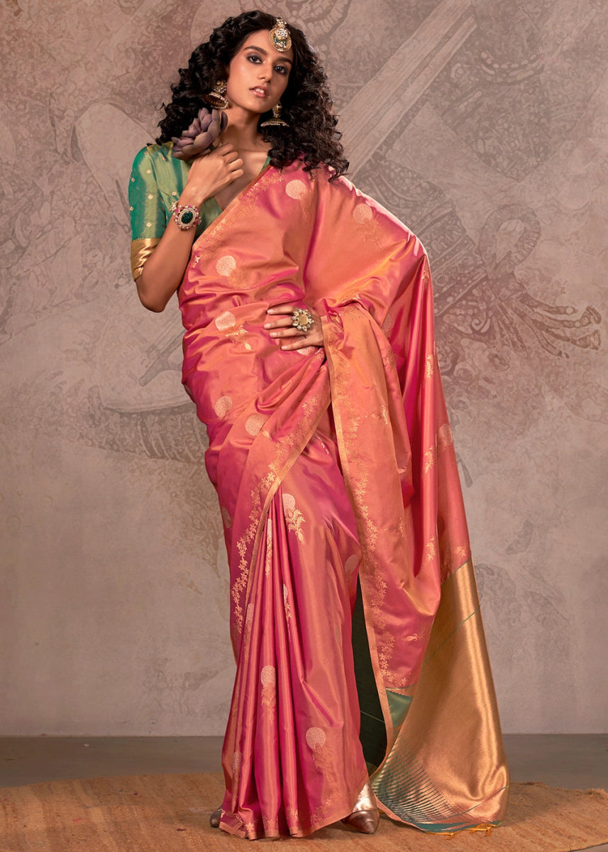 Two Tone Brink Pink Banarasi Silk Saree with Intricate Zari Weaving - House of Sarvati LLC