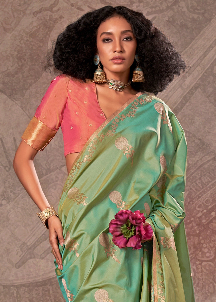 Two Tone Green Banarasi Silk Saree with Intricate Zari Weaving - House of Sarvati LLC