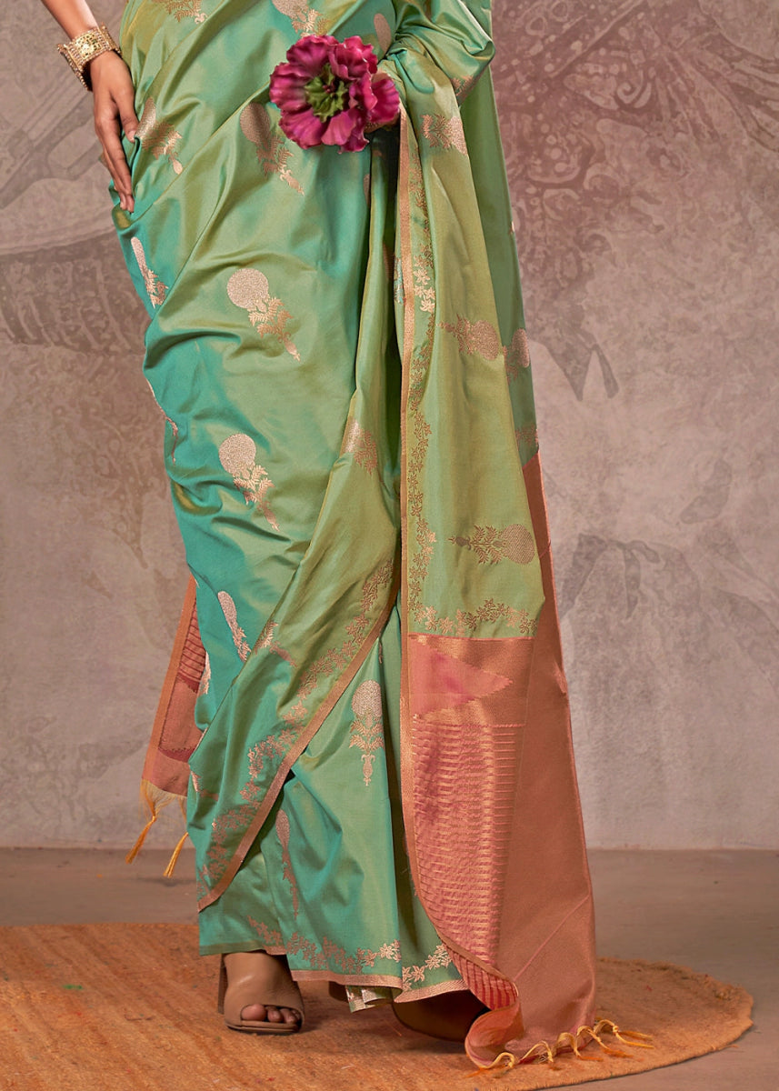 Two Tone Green Banarasi Silk Saree with Intricate Zari Weaving - House of Sarvati LLC