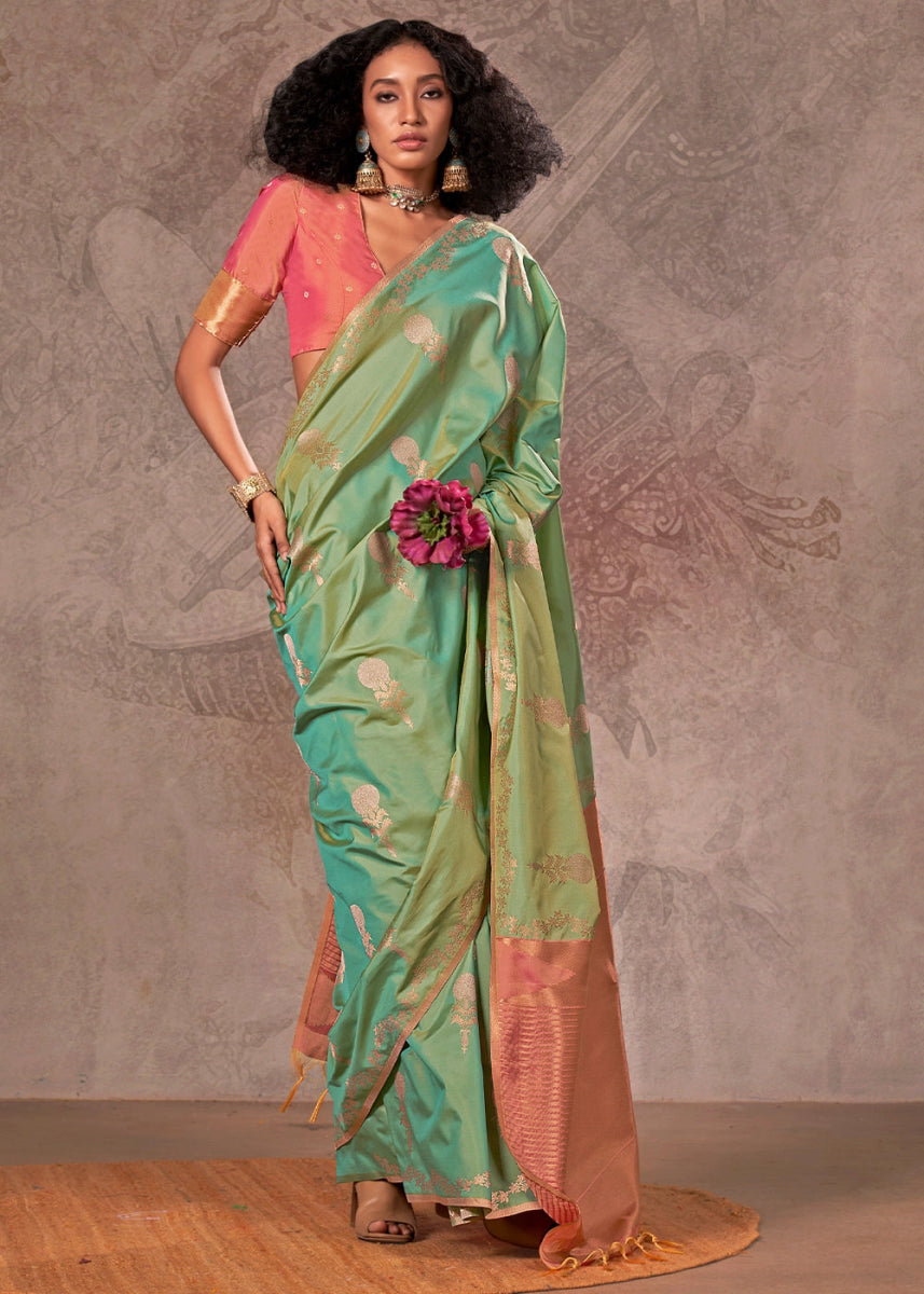 Two Tone Green Banarasi Silk Saree with Intricate Zari Weaving - House of Sarvati LLC
