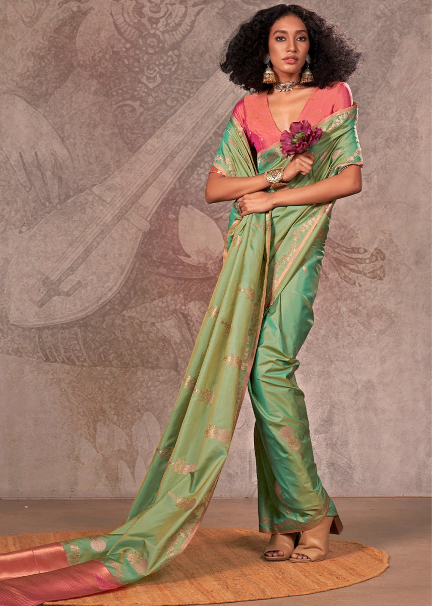 Two Tone Green Banarasi Silk Saree with Intricate Zari Weaving - House of Sarvati LLC