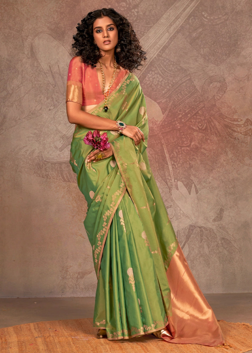 Two Tone Pastel Green Banarasi Silk Saree with Intricate Zari Weaving - House of Sarvati LLC