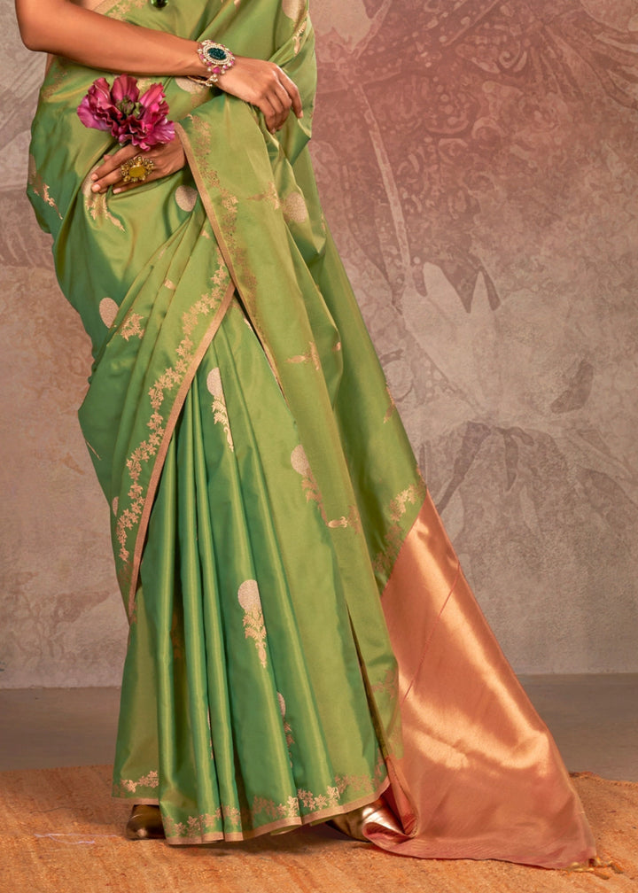 Two Tone Pastel Green Banarasi Silk Saree with Intricate Zari Weaving - House of Sarvati LLC