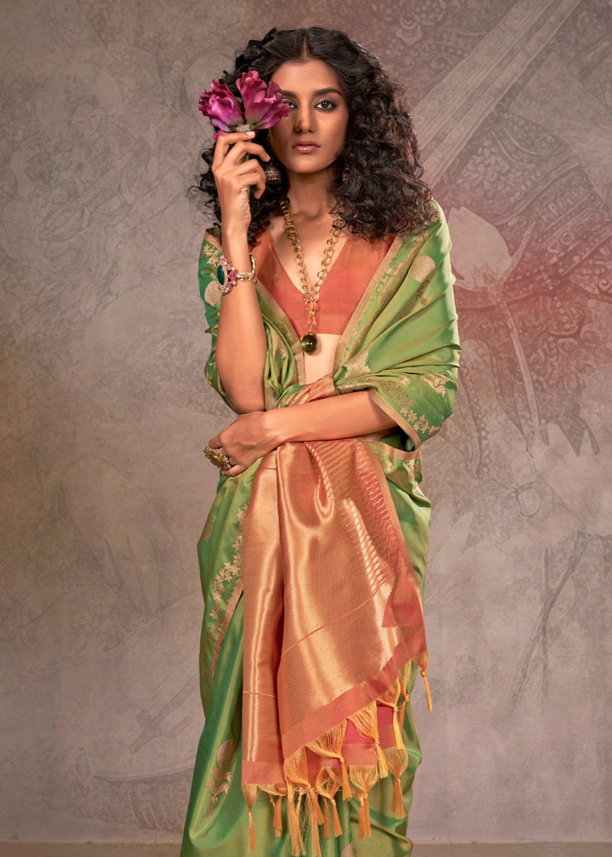 Two Tone Pastel Green Banarasi Silk Saree with Intricate Zari Weaving - House of Sarvati LLC