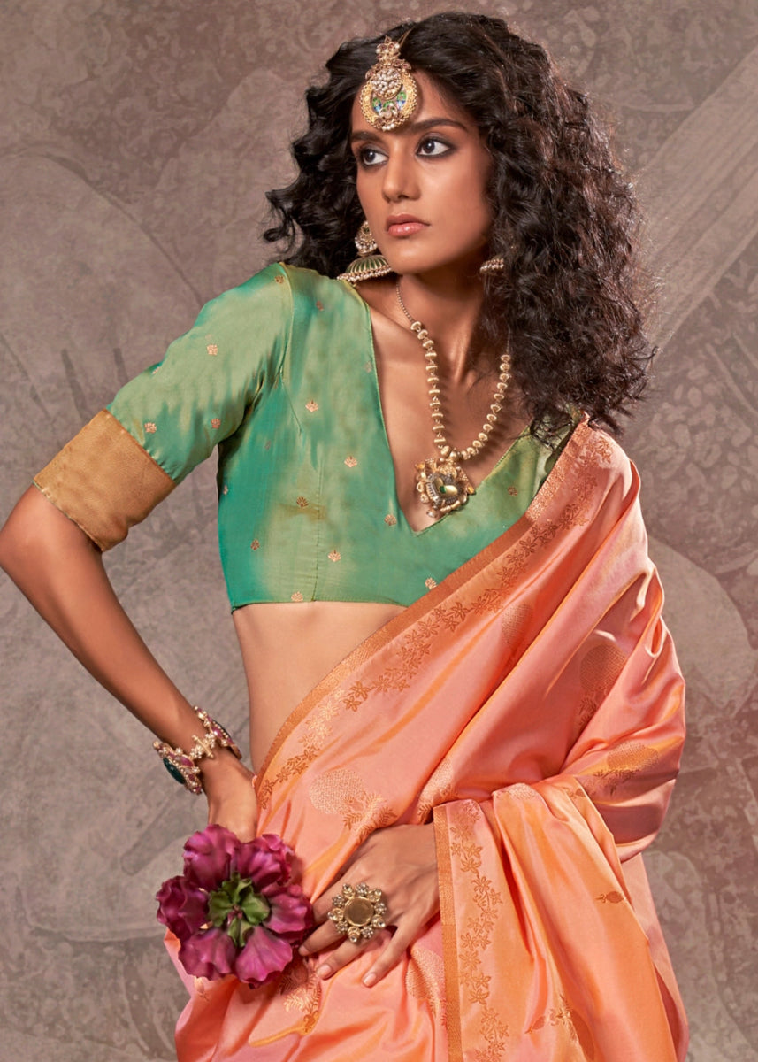 Two Tone Pink Banarasi Silk Saree with Intricate Zari Weaving - House of Sarvati LLC