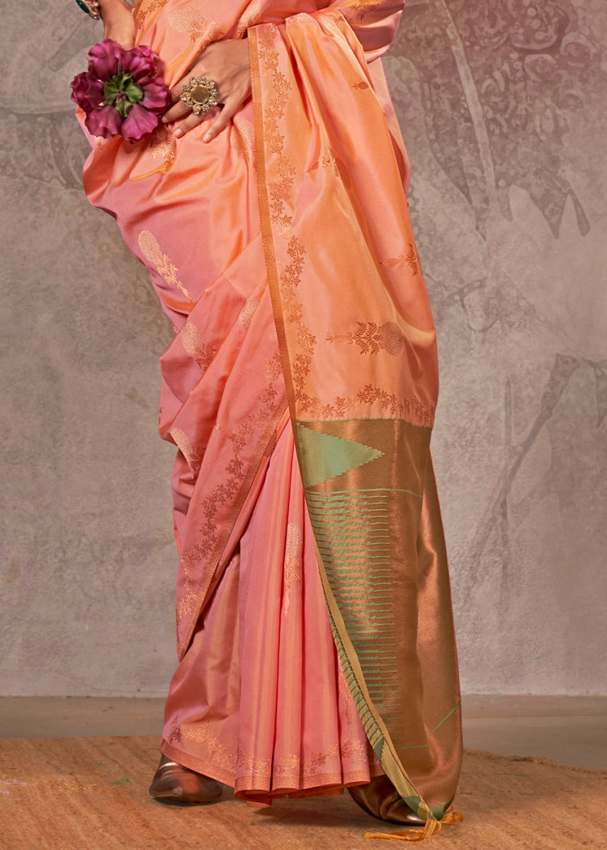Two Tone Pink Banarasi Silk Saree with Intricate Zari Weaving - House of Sarvati LLC