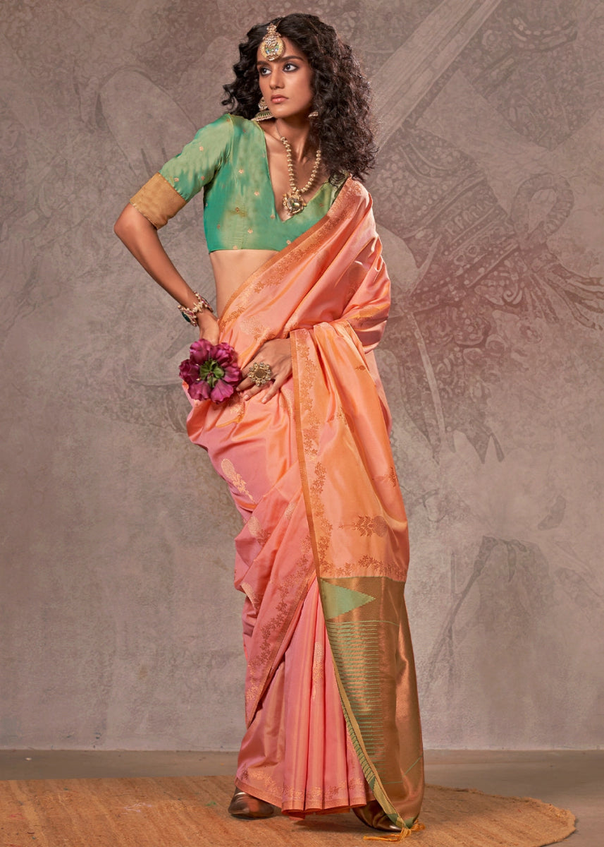 Two Tone Pink Banarasi Silk Saree with Intricate Zari Weaving - House of Sarvati LLC