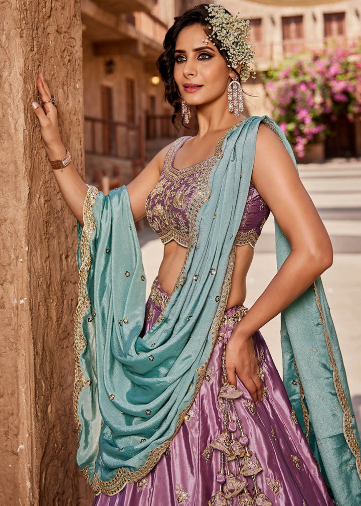 Tyrian Purple Satin Lehenga Choli with Floral Sequin Detailing - House of Sarvati LLC