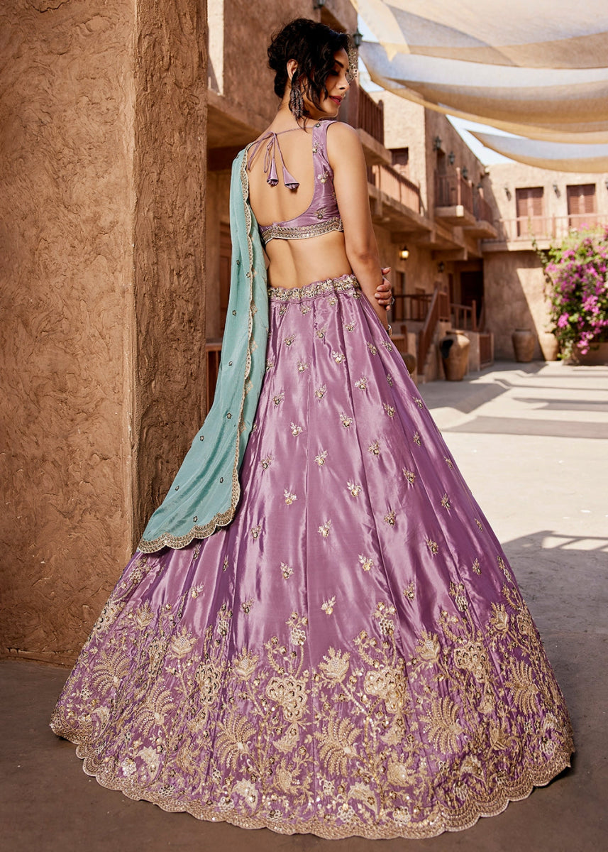 Tyrian Purple Satin Lehenga Choli with Floral Sequin Detailing - House of Sarvati LLC
