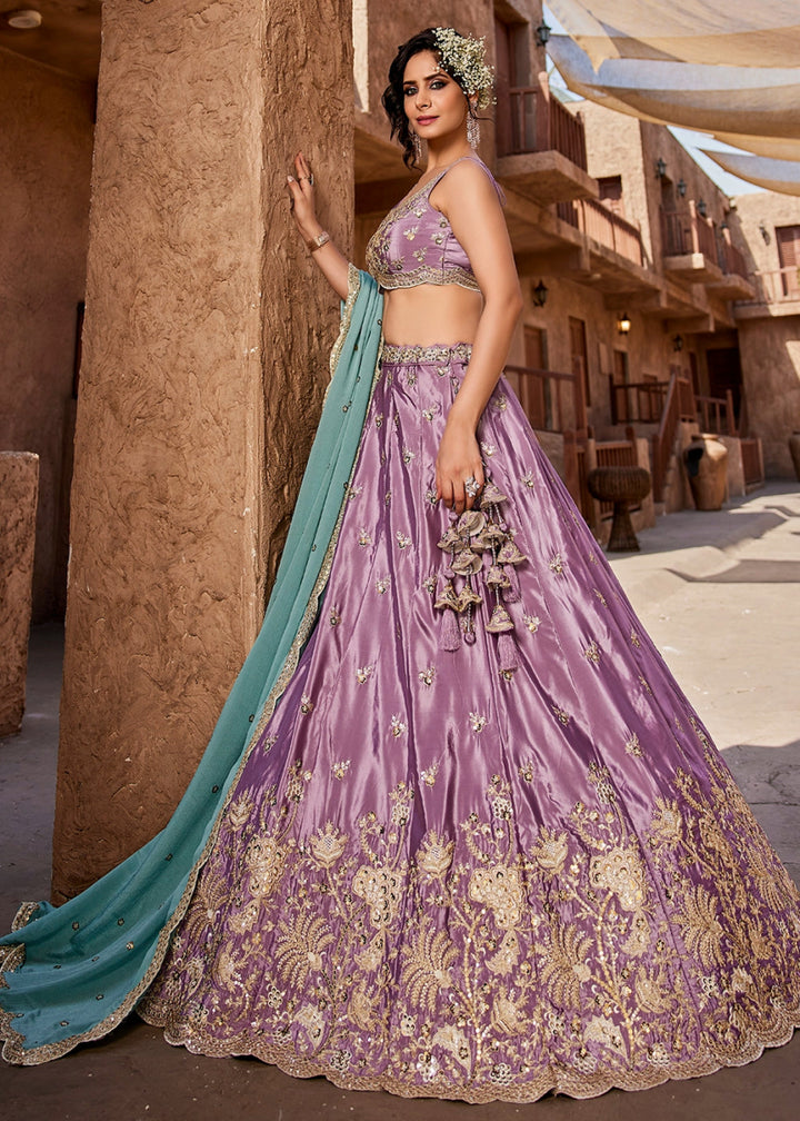 Tyrian Purple Satin Lehenga Choli with Floral Sequin Detailing - House of Sarvati LLC