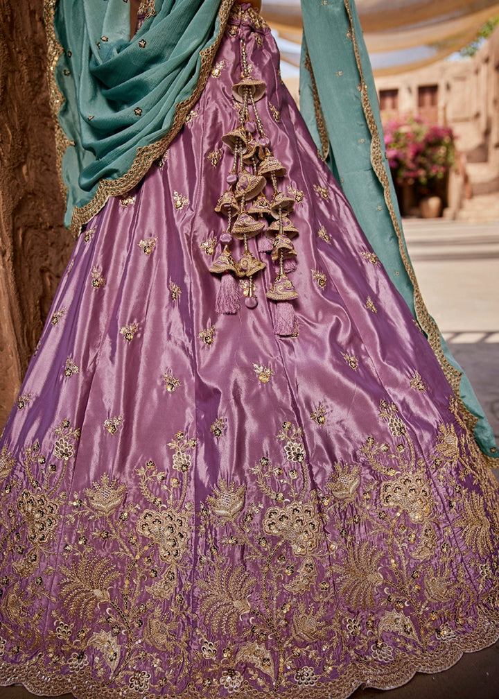 Tyrian Purple Satin Lehenga Choli with Floral Sequin Detailing - House of Sarvati LLC