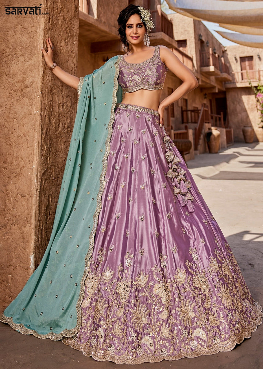 Tyrian Purple Satin Lehenga Choli with Floral Sequin Detailing - House of Sarvati LLC