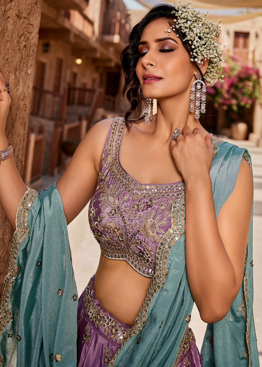 Tyrian Purple Satin Lehenga Choli with Floral Sequin Detailing - House of Sarvati LLC