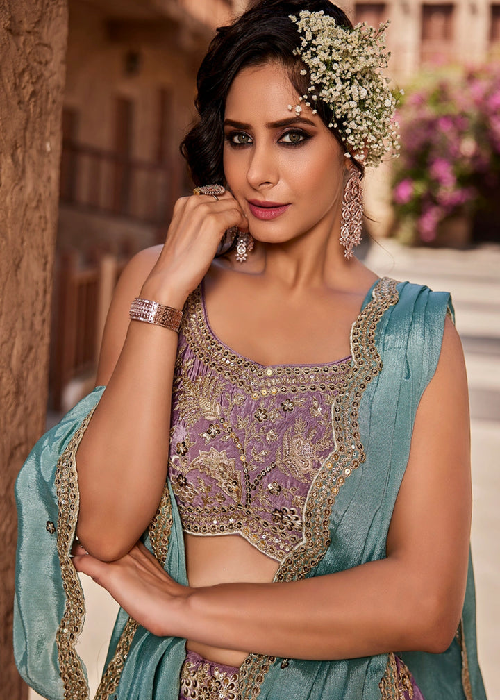Tyrian Purple Satin Lehenga Choli with Floral Sequin Detailing - House of Sarvati LLC