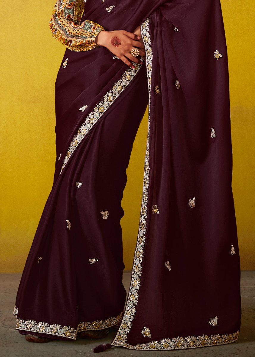 Umber Brown Tissue Silk Saree with Stunning Sequins and Thread Embroidery work - House of Sarvati LLC