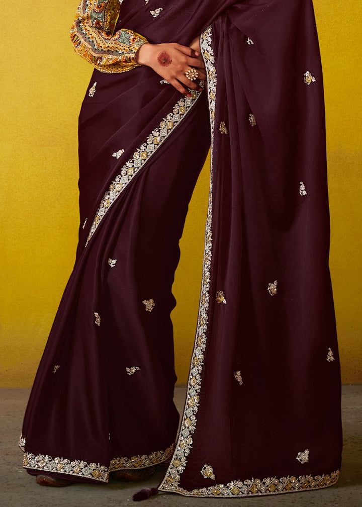 Umber Brown Tissue Silk Saree with Stunning Sequins and Thread Embroidery work - House of Sarvati LLC
