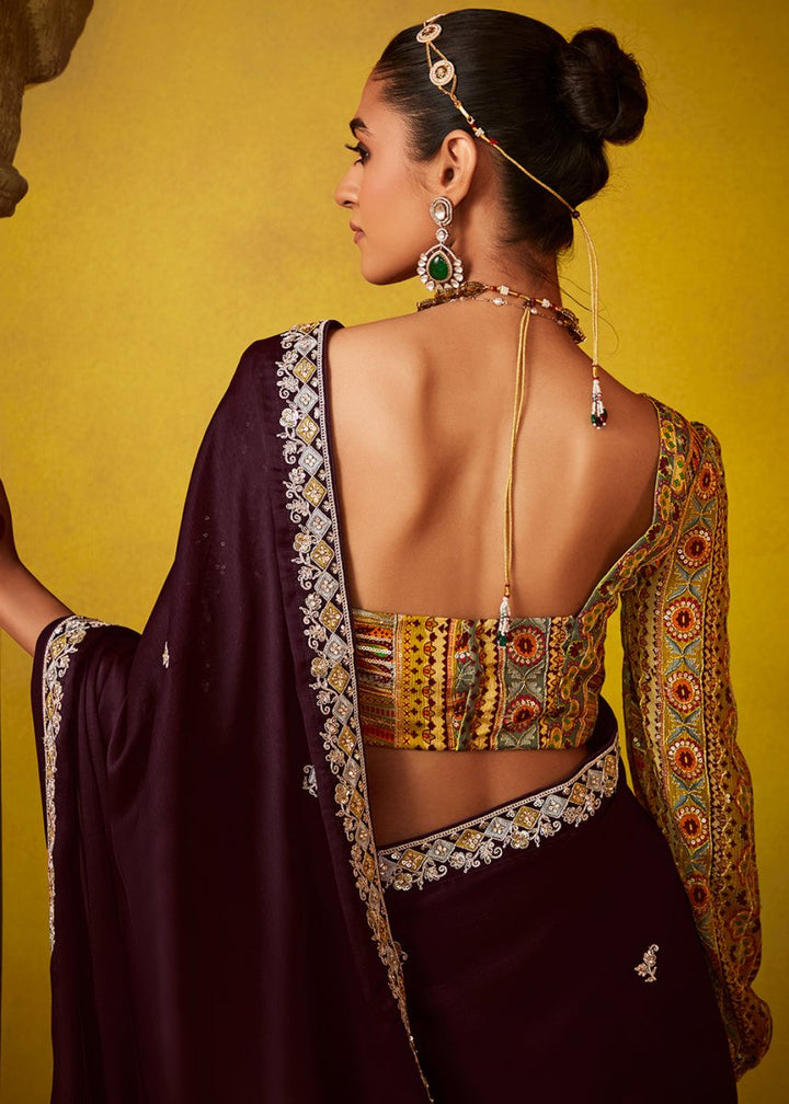 Umber Brown Tissue Silk Saree with Stunning Sequins and Thread Embroidery work - House of Sarvati LLC