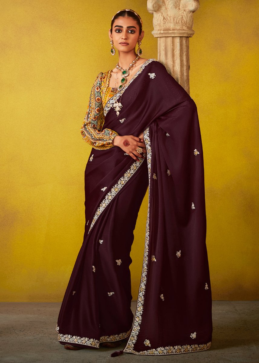 Umber Brown Tissue Silk Saree with Stunning Sequins and Thread Embroidery work - House of Sarvati LLC