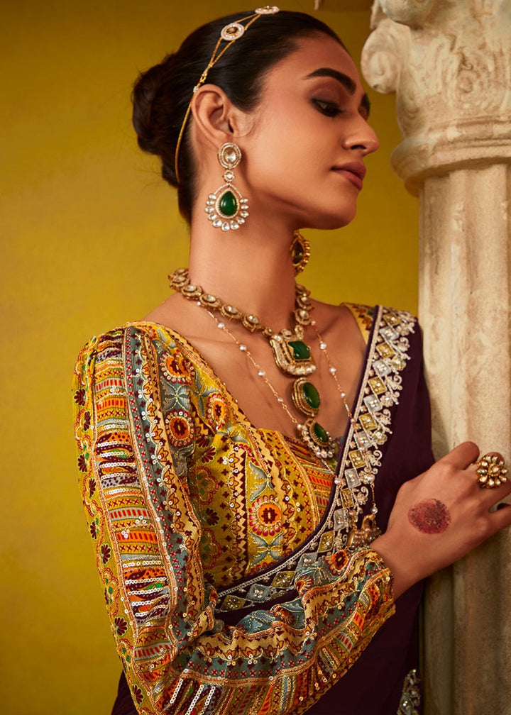 Umber Brown Tissue Silk Saree with Stunning Sequins and Thread Embroidery work - House of Sarvati LLC