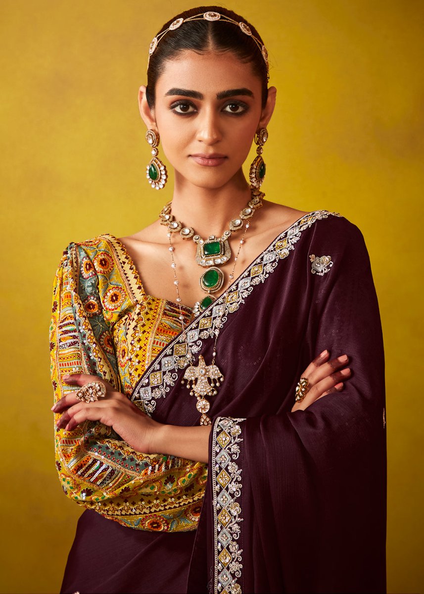 Umber Brown Tissue Silk Saree with Stunning Sequins and Thread Embroidery work - House of Sarvati LLC