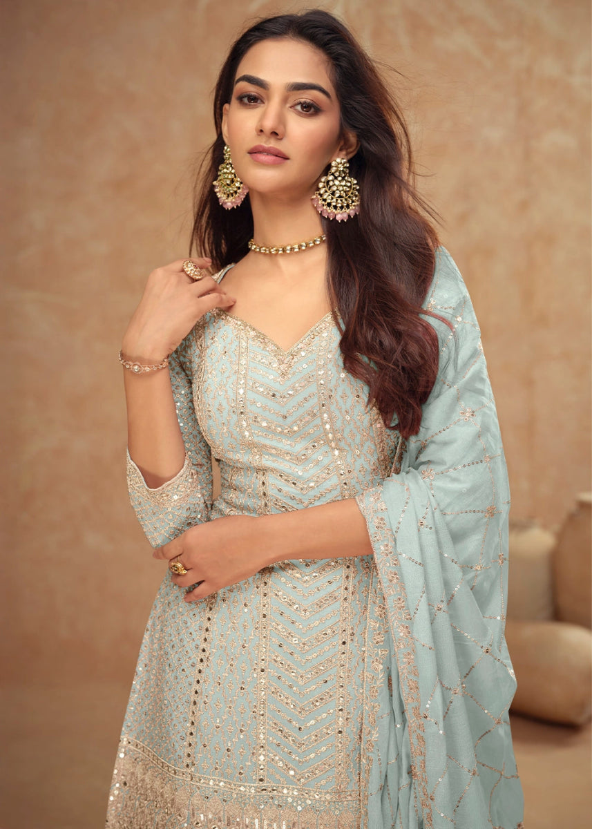 Uranian Blue Palazzo Suit with Delicate Embroidery on Luxurious Chinon Silk Fabric - House of Sarvati LLC