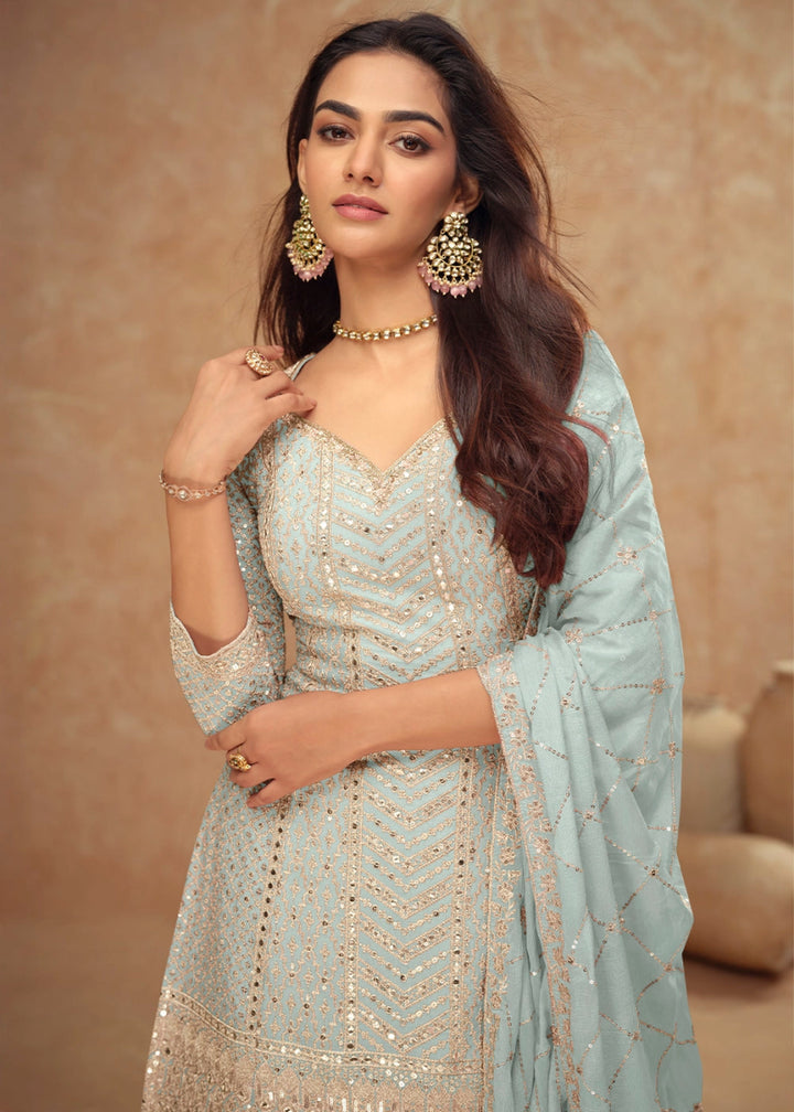 Uranian Blue Palazzo Suit with Delicate Embroidery on Luxurious Chinon Silk Fabric - House of Sarvati LLC