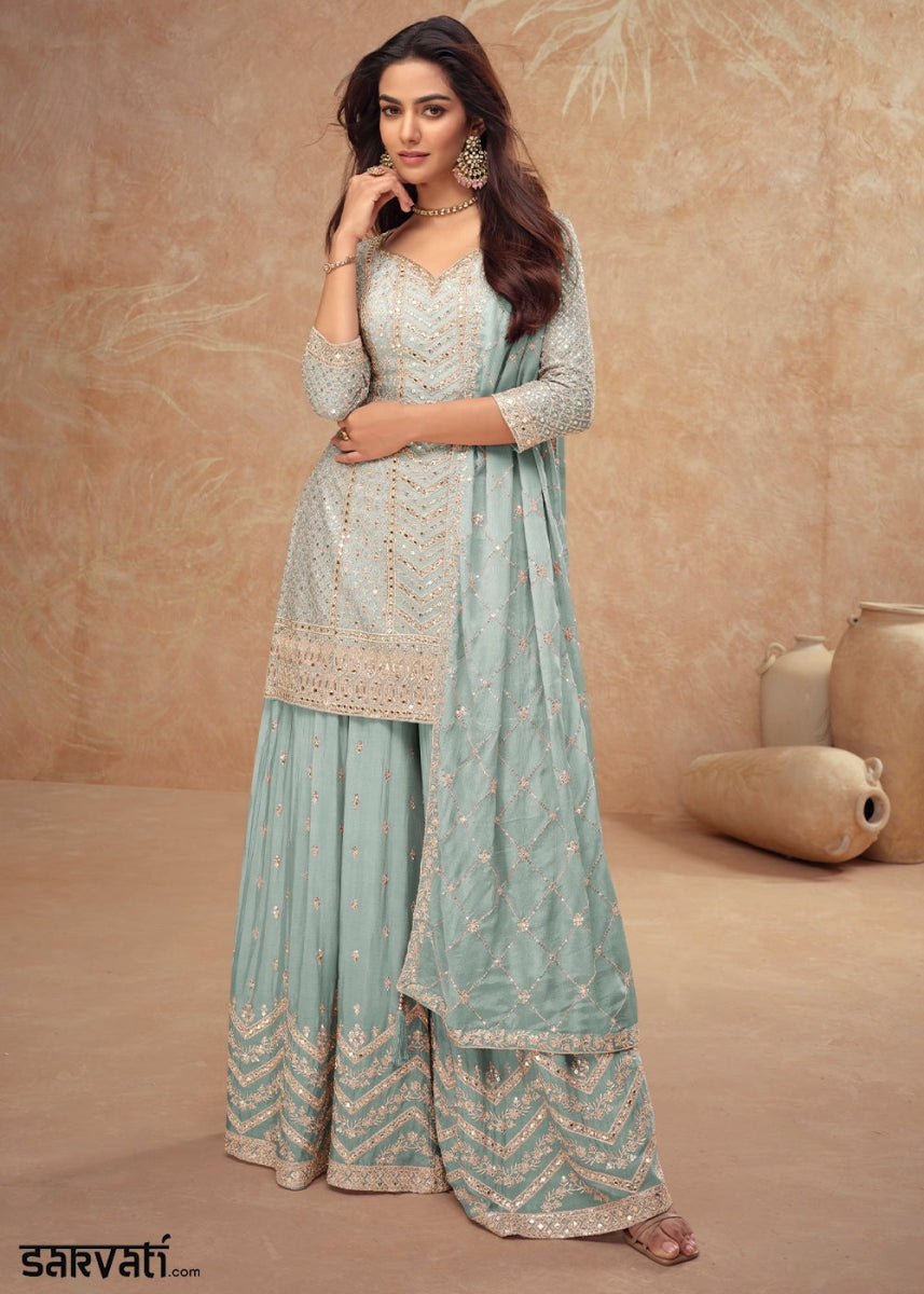 Uranian Blue Palazzo Suit with Delicate Embroidery on Luxurious Chinon Silk Fabric - House of Sarvati LLC