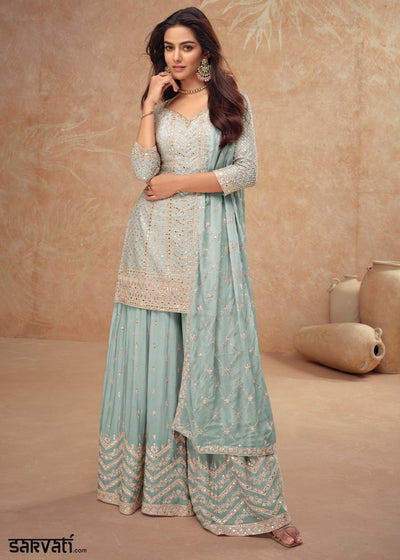 Uranian Blue Palazzo Suit with Delicate Embroidery on Luxurious Chinon Silk Fabric