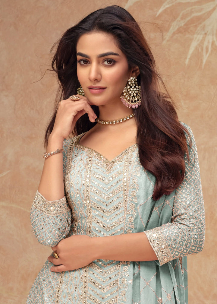 Uranian Blue Palazzo Suit with Delicate Embroidery on Luxurious Chinon Silk Fabric - House of Sarvati LLC