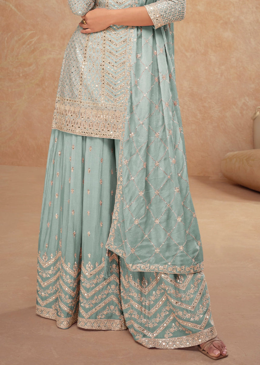 Uranian Blue Palazzo Suit with Delicate Embroidery on Luxurious Chinon Silk Fabric - House of Sarvati LLC