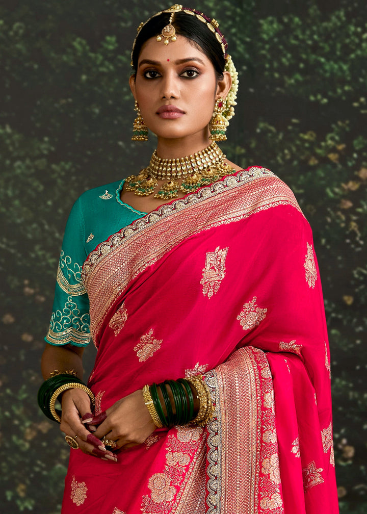 Valentine Red Zari Woven Dola Silk Saree with Embroidery Detailing - House of Sarvati LLC