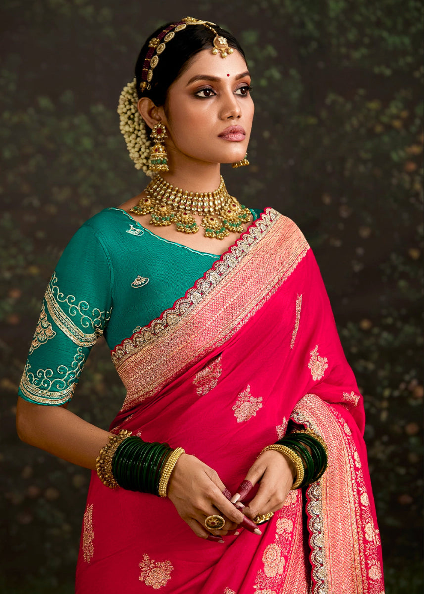 Valentine Red Zari Woven Dola Silk Saree with Embroidery Detailing - House of Sarvati LLC