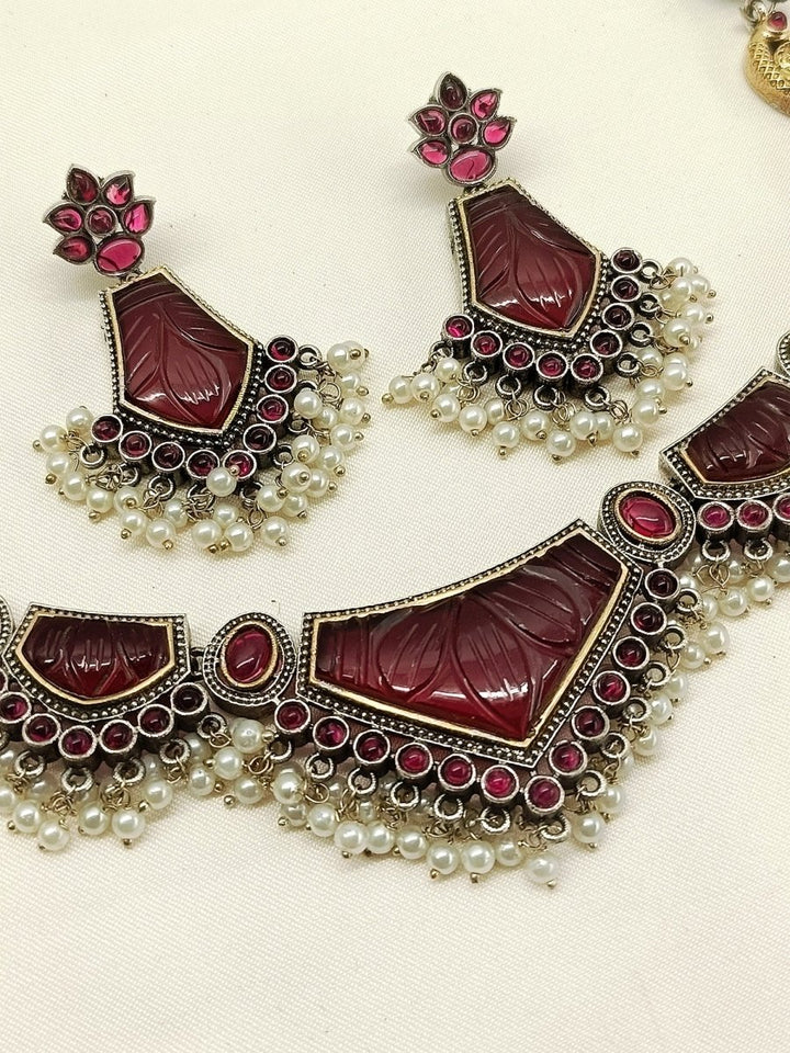 Varsha Maroon Oxidized Necklace Set - House of Sarvati LLC