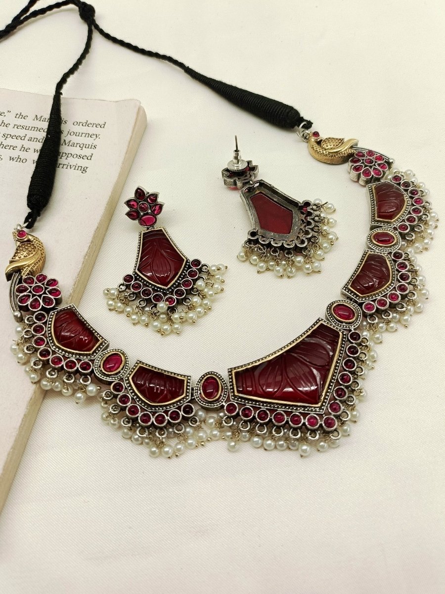 Varsha Maroon Oxidized Necklace Set - House of Sarvati LLC