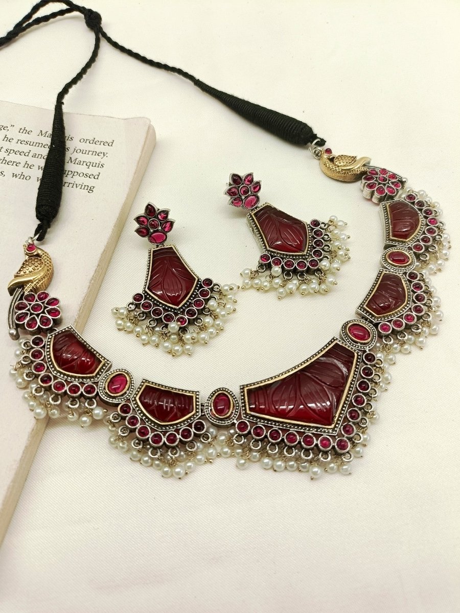 Varsha Maroon Oxidized Necklace Set - House of Sarvati LLC
