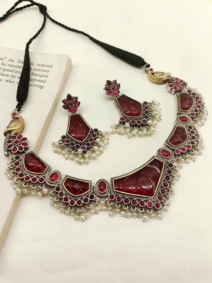 Varsha Maroon Oxidized Necklace Set - House of Sarvati LLC