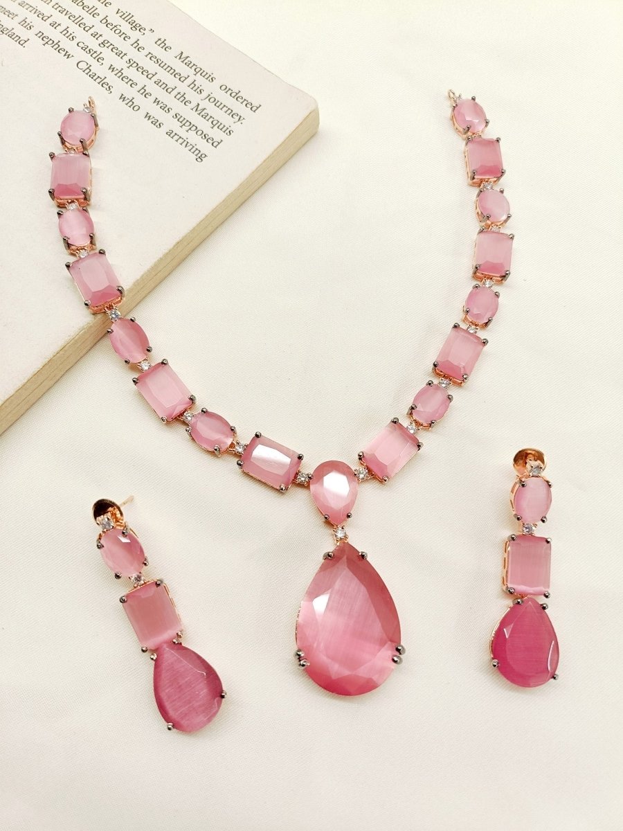 Vidya Pink Swarovski Stone Necklace Set - House of Sarvati LLC