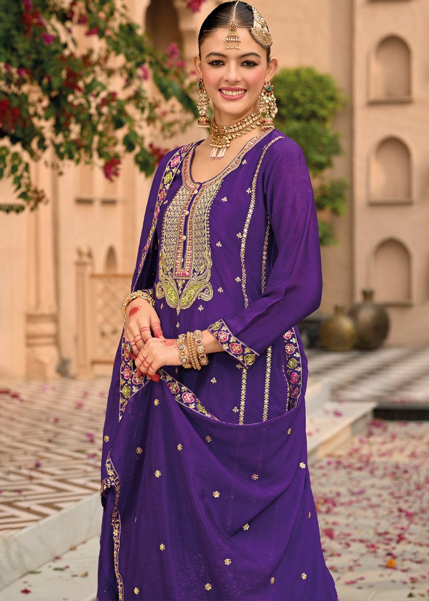 Violet Purple Chinon Silk Palazzo Suit with Intricate Embroidery - Eid Edition - House of Sarvati LLC