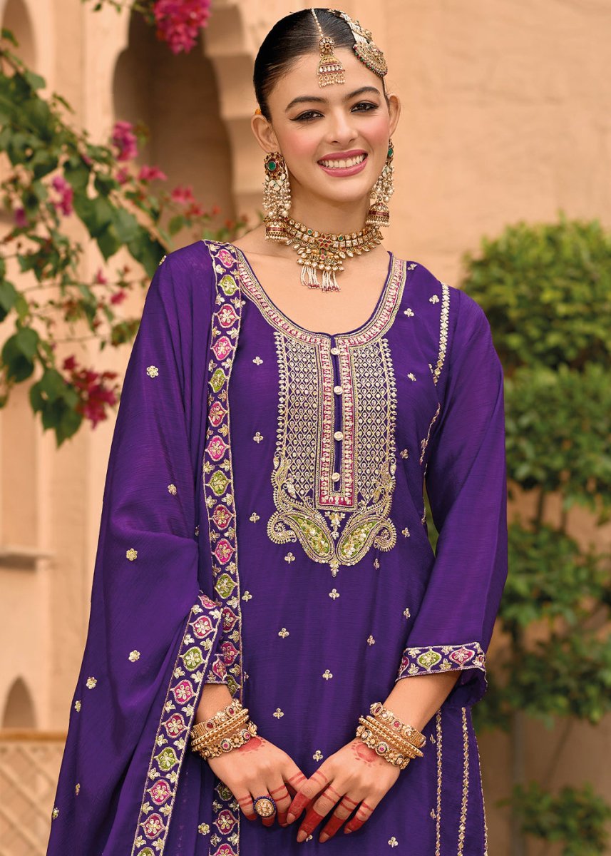 Violet Purple Chinon Silk Palazzo Suit with Intricate Embroidery - Eid Edition - House of Sarvati LLC