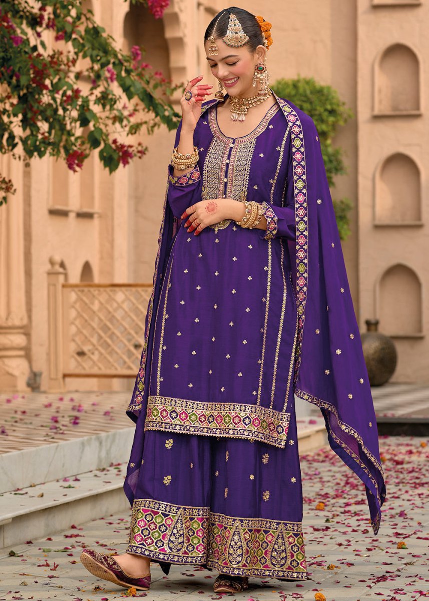Violet Purple Chinon Silk Palazzo Suit with Intricate Embroidery - Eid Edition - House of Sarvati LLC